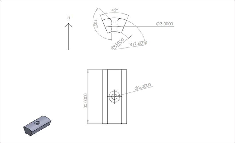 带孔磁瓦（弧形磁铁）基本尺寸示意图图纸